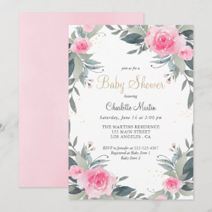 Pink Floral Greenery Girl Baby Shower Invitation