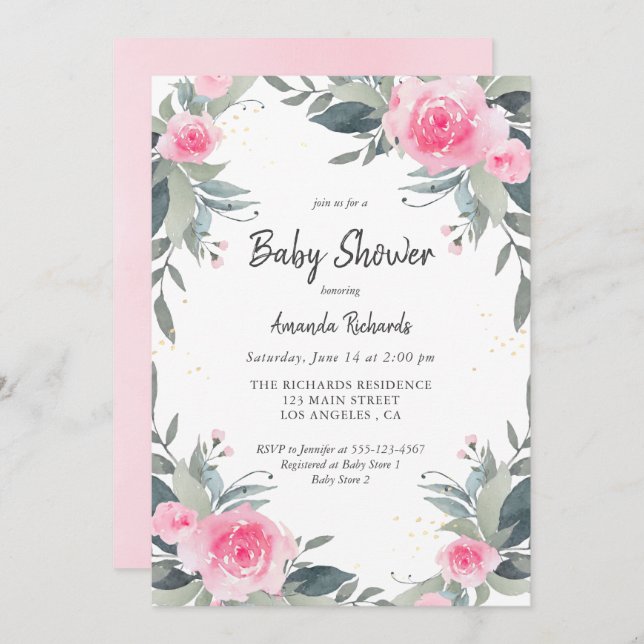 Pink Floral Greenery Girl Baby Shower Invitation (Front/Back)