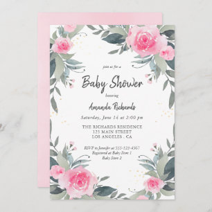 Pink Floral Greenery Girl Baby Shower Invitation
