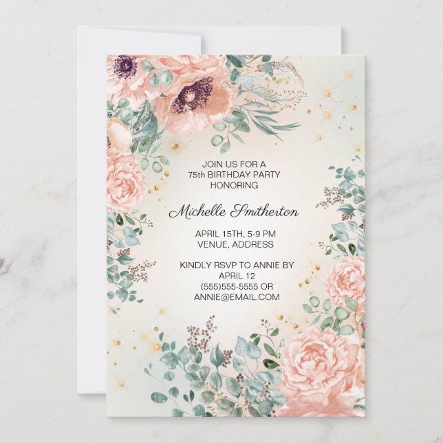 Pink Floral Greenery Gold Glitter 75th Birthday  Invitation (Front)