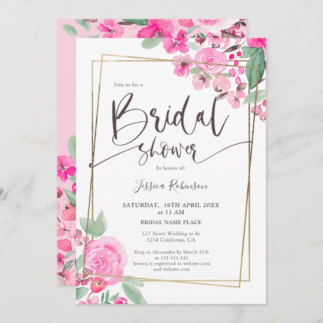 Pink floral greenery gold script bridal shower invitation (Front/Back)
