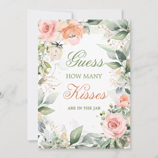 Pink floral, greenery Guess How Many Kisses Game Invitation (Front)
