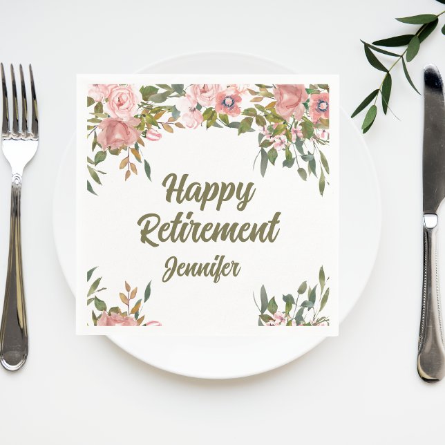 Pink Floral Greenery Happy Retirement Party  Napkin (Creator Uploaded)