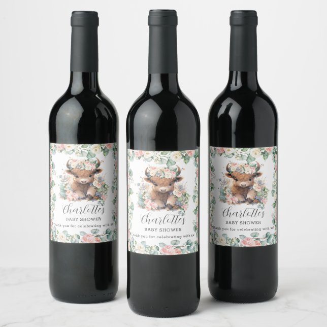 Pink Floral Greenery Highland Cow Baby Shower  Wine Label (Bottles)