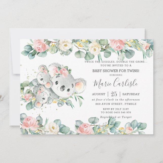 Pink Floral Greenery Koala Baby Shower Twin Girls Invitation (Front)