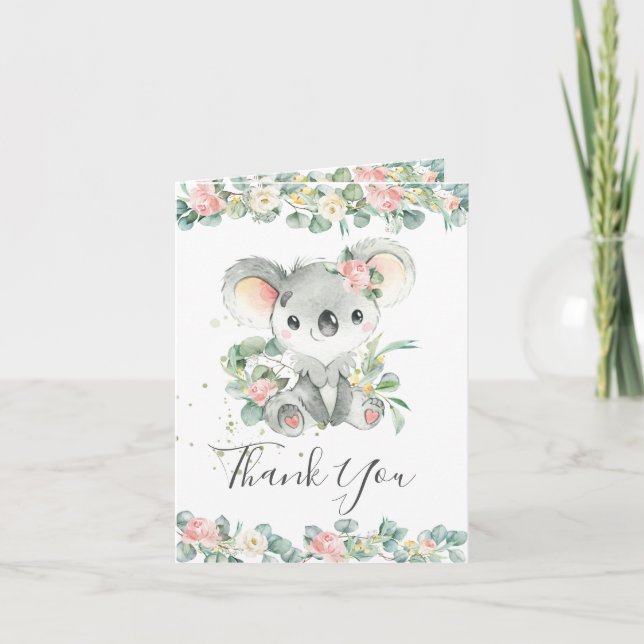 Pink Floral Greenery Koala Birthday Baby Shower  Thank You Card (Front)