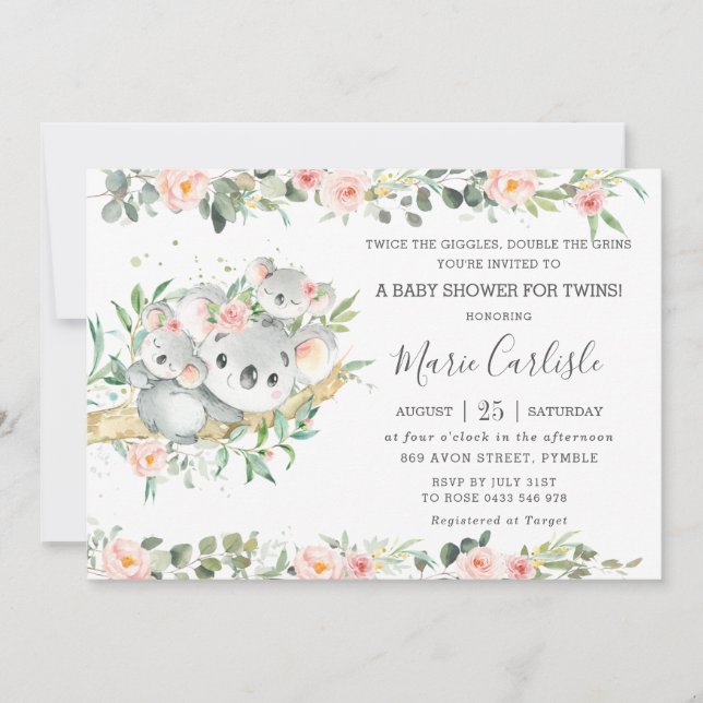 Pink Floral Greenery Koala Twin Girls Baby Shower  Invitation (Front)