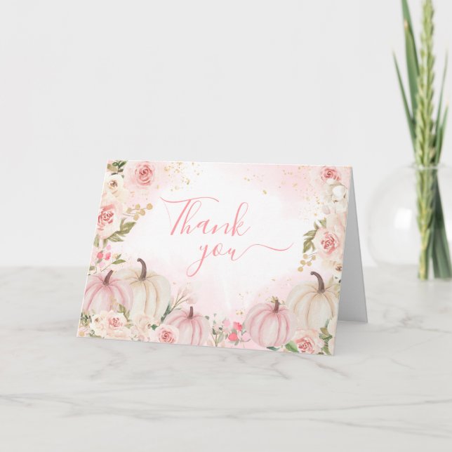Pink Floral Greenery Little Pumpkin Thank You Card (Front)
