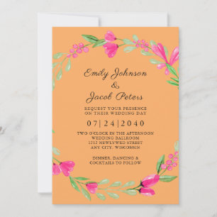 Pink Floral Greenery Orange Delight Elegant Wed Announcement
