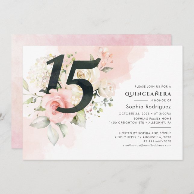 Pink Floral Greenery Quinceanera 15th Birthday Invitation (Front/Back)