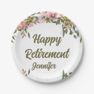 Pink Floral Greenery Rustic Boho Happy Retirement Paper Plate