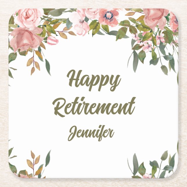 Pink Floral Greenery Rustic Boho Happy Retirement  Square Paper Coaster (Front)
