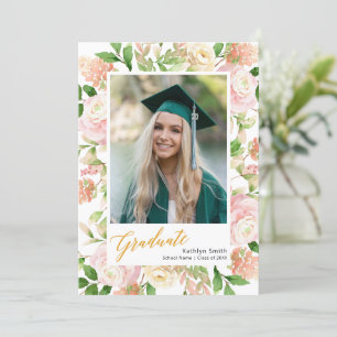 Pink Floral Greenery Script Girl Photo Graduation Announcement