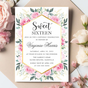 Pink Floral Greenery Sweet Sixteen 16 Birthday Invitation