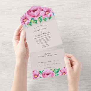 Pink Floral Greenery Wedding All In One Invitation