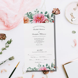 Pink Floral Greenery Wedding All In One Invitation