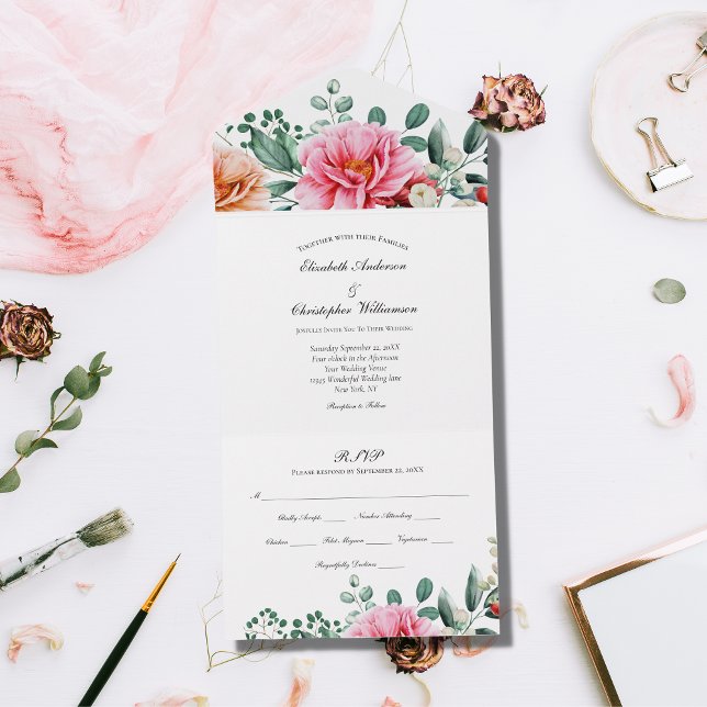 Pink Floral Greenery Wedding All In One Invitation (Creator Uploaded)