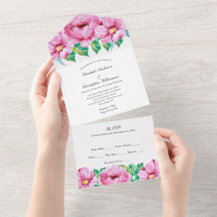 Pink Floral Greenery Wedding All In One Invitation
