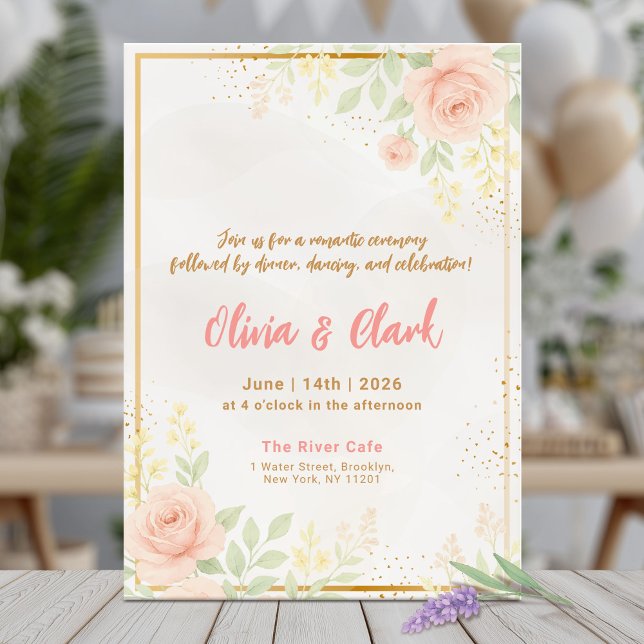 Pink Floral Greenery Wedding with Gold Accents Invitation (Creator Uploaded)