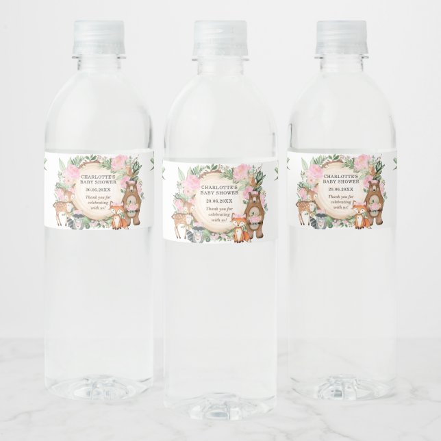 Pink Floral Greenery Woodland Baby Shower Favours Water Bottle Label (Bottles)