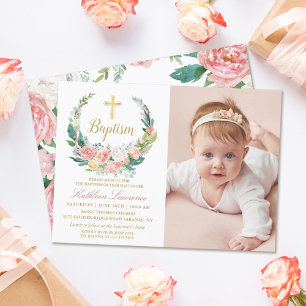 Pink Floral Greenery Wreath Girl Baptism Photo Invitation