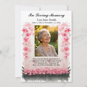 Pink Floral Grey Leaves Celebration of Life  Invitation