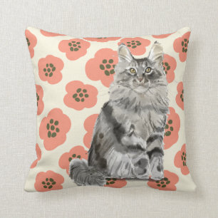 Pink Floral Grey Maine Coon Cat Cushion