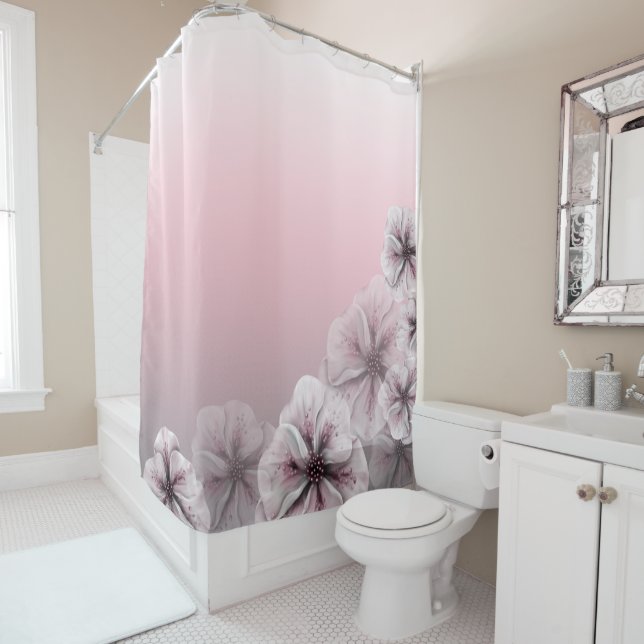 Pink Floral Grey White Ombre Shower Curtain (In Situ)
