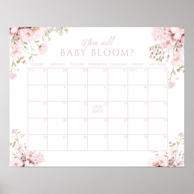Pink Floral Guess Due Date Baby Girl Bloom Poster (Front)