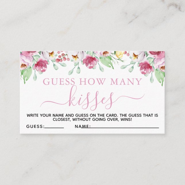 Pink Floral Guess Kisses Baby Shower Game Card (Front)