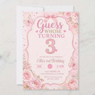 Pink Floral Guess Who’s Turning 3 Birthday Invitation