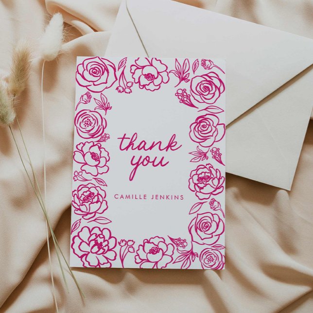 Pink Floral Hand Drawn Whimsical Thank you (Pink Floral Elegant Thank you card)