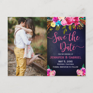Pink Floral Handwritten   Blue Photo Save the Date Announcement Postcard