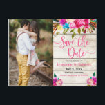Pink Floral Handwritten Photo Save the Date Announcement Postcard<br><div class="desc">Vibrant Sring Pink Watercolor Floral | Typography Save the Date postcard. Bohemian hot pink, deep pink, yellow, light blue, purple watercolor painted roses, botanical floral arrangement wedding design with green leaves and feathers on light brown rustic wood background. Feature an elegant handwritten typography design with text „Save the Date” and...</div>