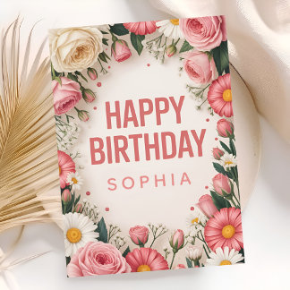 Pink Floral Happy Birthday Card