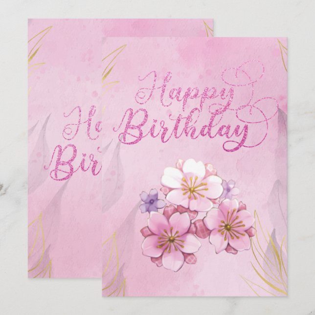 Pink Floral Happy Birthday Flat Card (Front/Back)