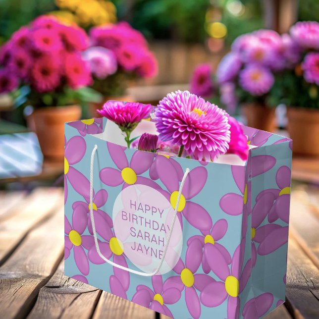 Pink Floral Happy Birthday Large Gift Bag (Happy Birthday Gift bag with space for your short message. Everyone loves flowers for their birthday)