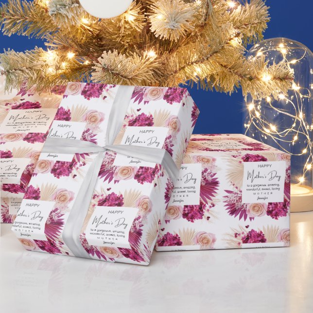 Pink Floral Happy Mother's Day White Background Wrapping Paper (Holidays)