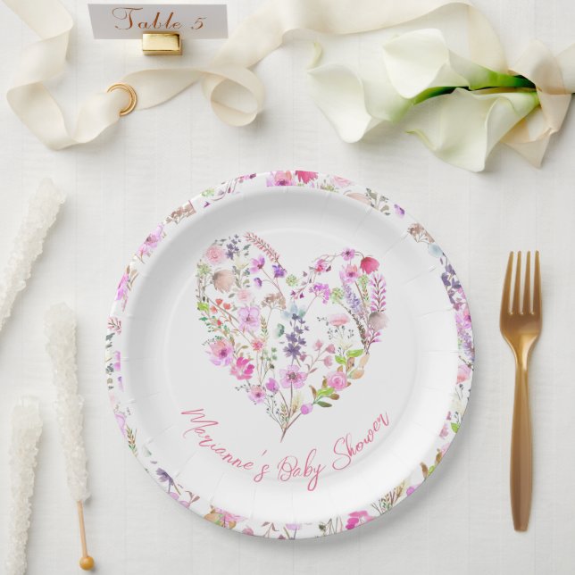 Pink Floral Heart Baby In Bloom Baby Shower Paper Plate (Wedding)