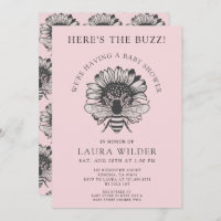 Pink Floral Heart Bee Baby Shower   Invitation