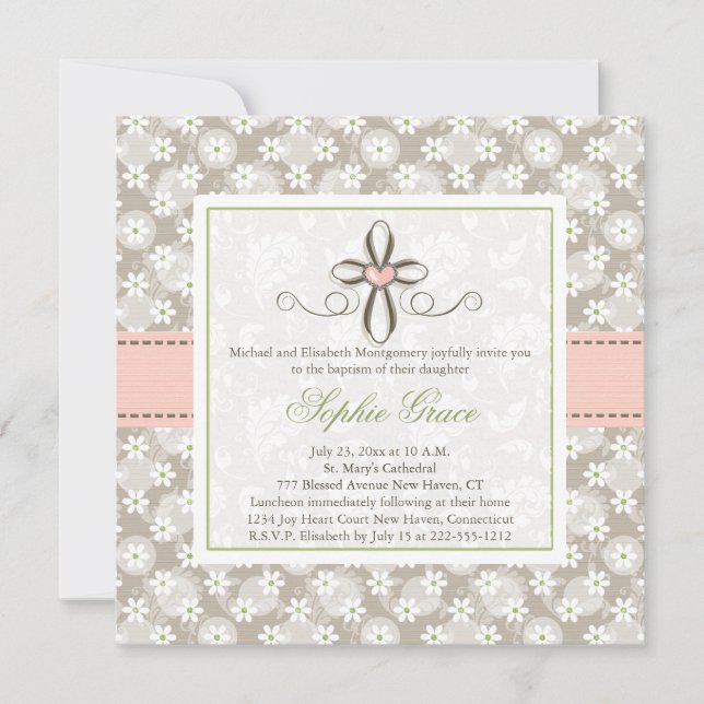 Pink Floral Heart Cross Baptism Photo Invitations (Front)