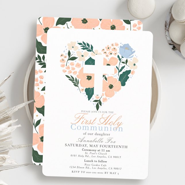 Pink Floral Heart Cross Girl First Holy Communion Invitation (Creator Uploaded)