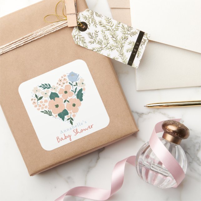 Pink Floral Heart Girl Baby Shower Square Sticker (Gifting)