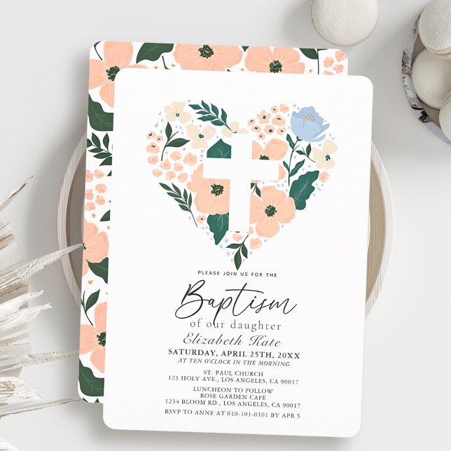 Pink Floral Heart Girl Baptism Invitation (Creator Uploaded)