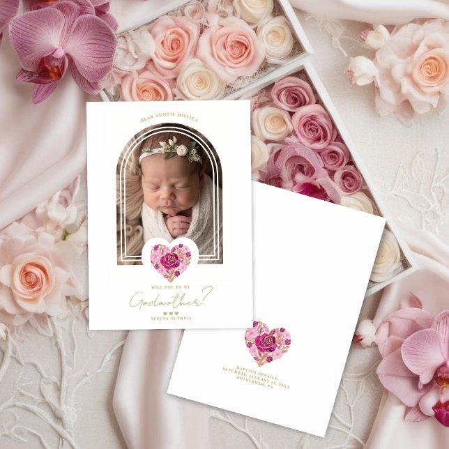 Pink Floral Heart Godparents Proposal Design (Romantic Pink Floral Heart with Gold Effect Godparents Baptism Proposal Card Design )