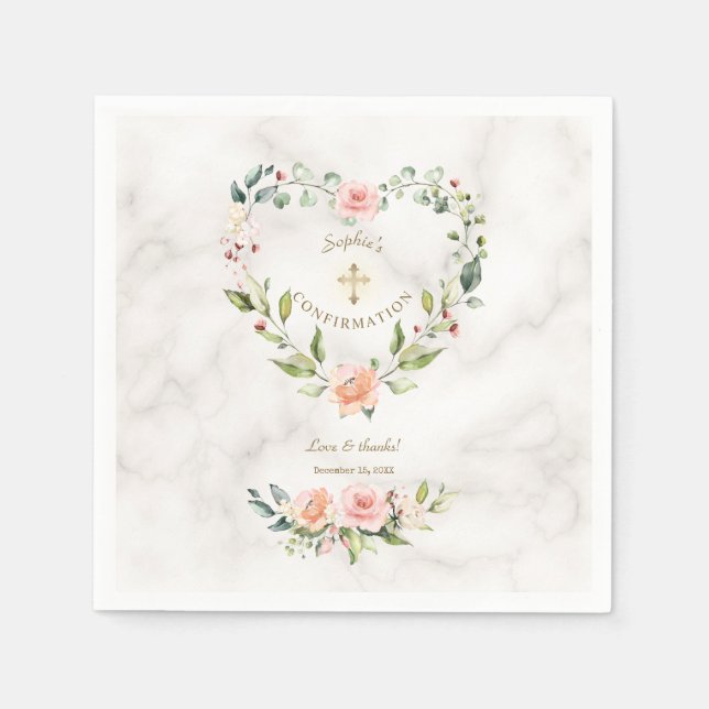Pink Floral Heart Gold Marble Girl Confirmation Napkin (Front)