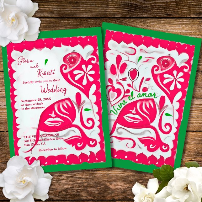 Pink Floral Heart Papel Picado Mexican Wedding  Invitation (Creator Uploaded)