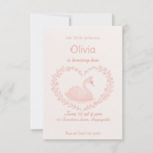 Pink Floral Heart Swan Birthday Girl Invitation