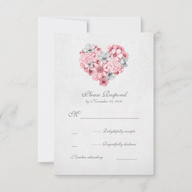 pink floral heart vintage wedding RSVP Card (Front)
