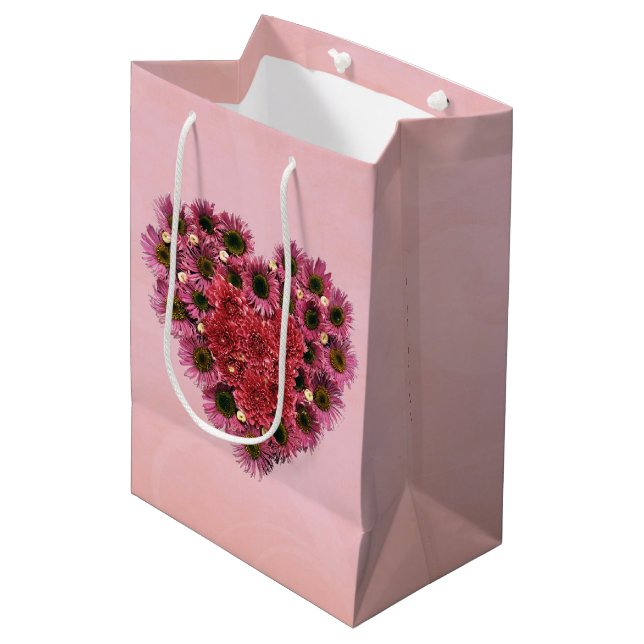 Pink Floral Heart Wreath Medium Gift Bag (Front Angled)
